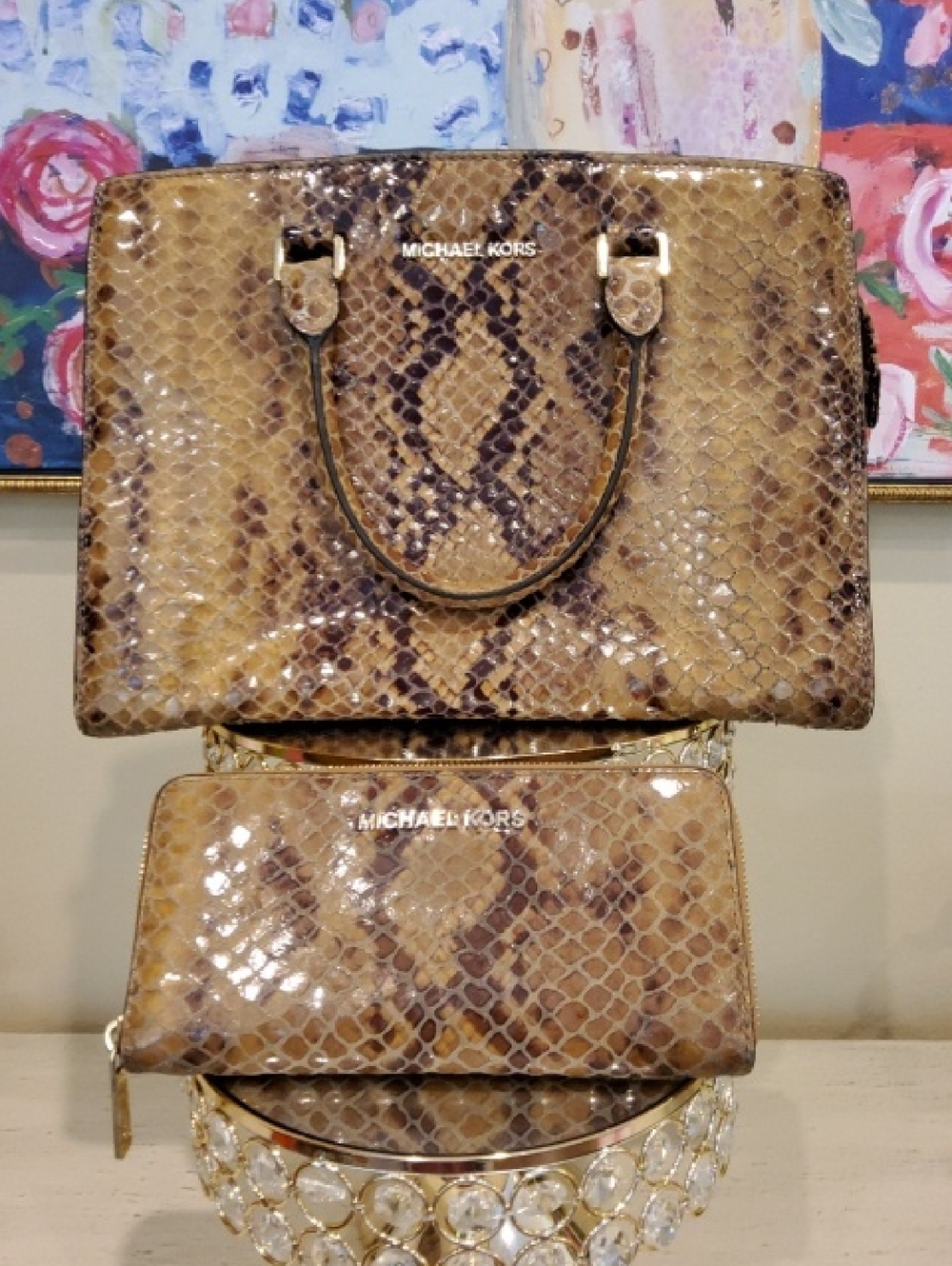Michael Kors Tan Brown Python-Print Tote with Matching Wallet